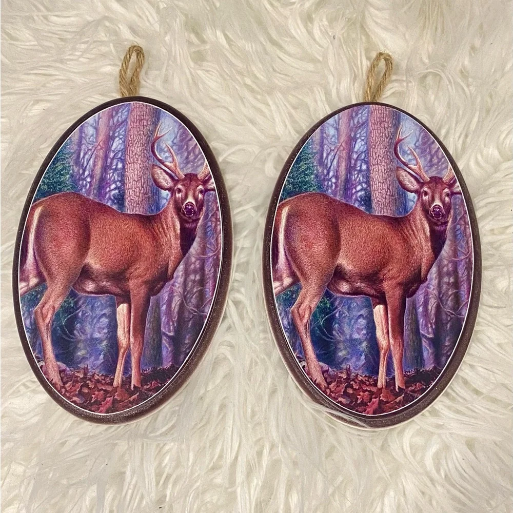 Deer Forest Scene Wall Plaques Art Cottage Core Prairie Art Brown and Purple
